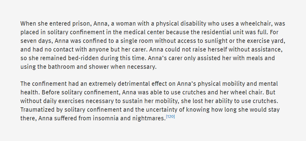The treatment of Anna, a prisoner with a physical disability placed in solitary confinement.